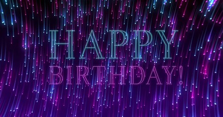 Happy Birthday text animation over colorful light streaks background - Powered by Adobe