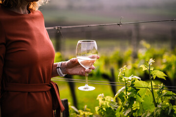 happy woman tasting wine in a vineyard