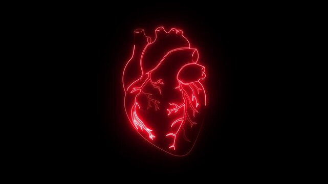 Glowing Neon Human Heart anatomy icon Isolated on a Black Background. Human heart, a bright neon heart. the concept of medicine. 4k motion video.