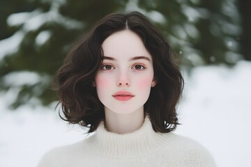 Young woman with short dark hair wearing white sweater, standing in snowy forest, outdoor portrait with soft natural light, seasonal winter fashion and lifestyle beauty concept