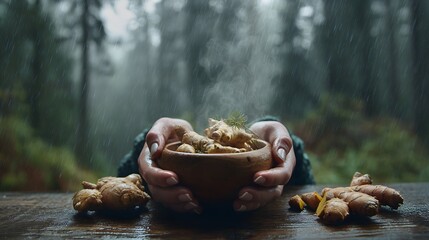 Cinematic Close-Up of Female Hands with Roots and Wooden Bowl of Hot Drink
