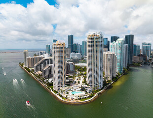 Aerial view of Brickell skyline in downtown Miami. Skyscrapers above Miami. Scenic panorama of...