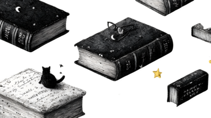 A whimsical pattern illustration of sketchy books, stars, and 'Happy Graduation' text, Graduation theme, fun and vibrant, isolated on transparent background