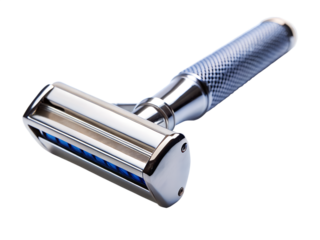 A chrome doubleedge safety razor with a blue accent, isolated on a transparent background