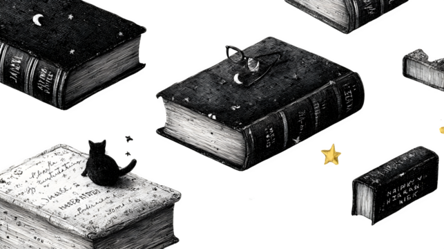 A whimsical pattern illustration of sketchy books, stars, and 'Happy Graduation' text, Graduation theme, fun and vibrant, isolated on transparent background