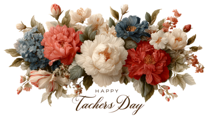 Centered and isolated floral wreath encircling bold calligraphy 'Happy Teachers' Day' text, modern botanical theme,