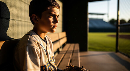 Young Baseball Player in Dugout
