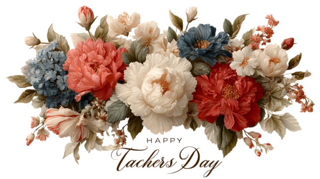 Centered and isolated floral wreath encircling bold calligraphy 'Happy Teachers' Day' text, modern botanical theme,