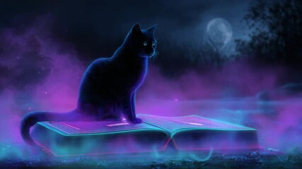 Mystical black cat sitting on glowing spellbook surrounded by neon smoke, enchanted moonlight scene, magical atmosphere of sorcery, fantasy halloween vibe, mysterious feline guardian - Powered by Adobe