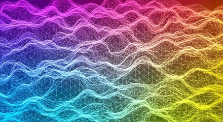 Fototapeta premium Vibrant Rainbow Abstract Digital Landscape with Wavy Lines and Geometric Patterns.