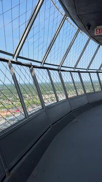 Niagara Falls, Ontario, Canada, June 14, 2025: DOLLY SLOW MOTION SHOT - Skylon Tower Observation deck. An observation tower that overlooks both the American Falls and the larger Horseshoe Falls.