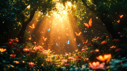 Fototapeta premium Butterflies fluttering in a vibrant meadow illuminated by soft sunlight in a serene forest setting during springtime