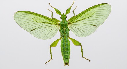 Vibrant green stick insect displays delicate wings against bright studio light. AI Generated