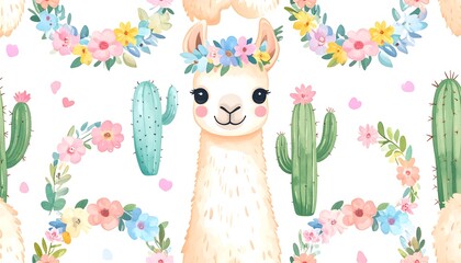 Delightful whimsical alpaca pattern with vibrant floral wreaths and quirky cacti design elements
