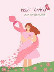 Vector Poster for breast cancer awareness month with a young girl and a pink ribbon in the shape of a bird as a symbol of hope. Concept of support, prevention, unity, health campaign in October. 