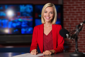 Young woman news host narrator, voice actor sitting at a desk, looking at the camera with microphone Concept of vlogging, podcasting, content creation, or modern communication.
