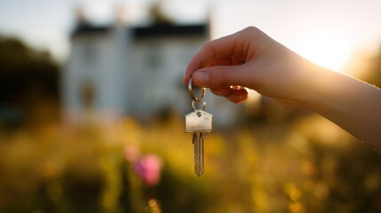 House key in hand with home in background