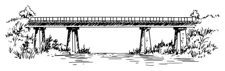 wooden bridge crossing river with trees minimal monochrome illustration