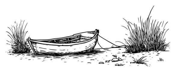 rowboat on shore with grass and pebbles black and white line art © Kaz
