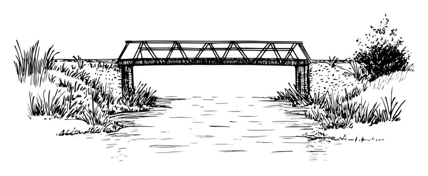 metal truss bridge over river in nature landscape black and white line art