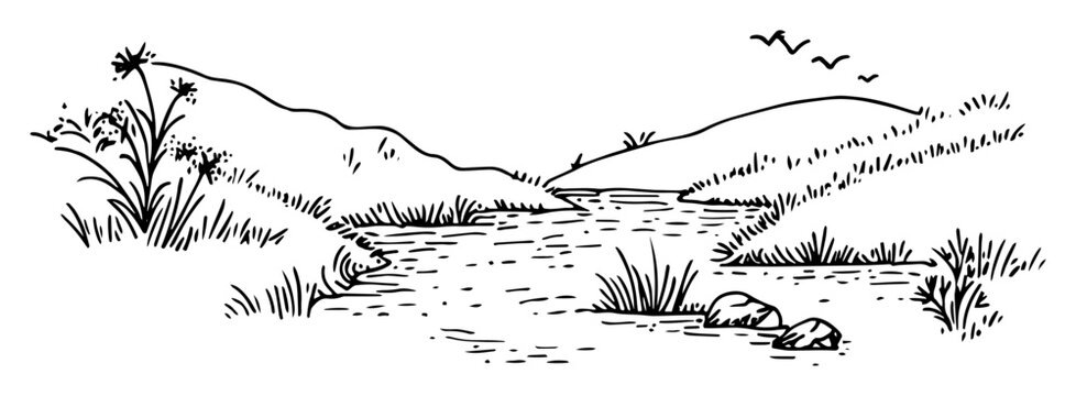 river flowing through hills and grass minimal landscape drawing