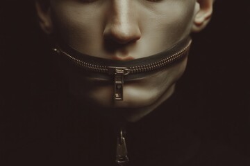 Surreal close-up portrait of a man with his mouth visually replaced by a closed zipper or padlock, symbolizing silence, censorship, and lack of freedom of speech. Dark, muted tones and conceptual art 