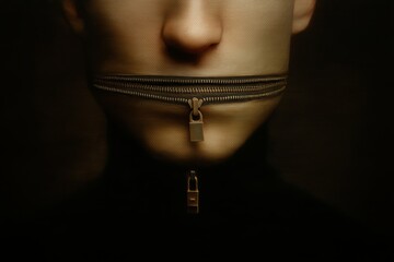 Surreal close-up portrait of a man with his mouth visually replaced by a closed zipper or padlock, symbolizing silence, censorship, and lack of freedom of speech. Dark, muted tones and conceptual art 