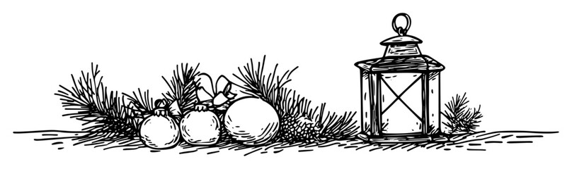 christmas lantern with baubles and pine twigs cozy seasonal decoration