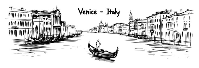 venice grand canal with gondola and italian architecture romantic travel sketch © Kaz