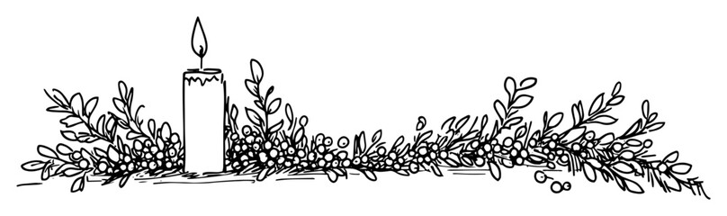 holiday candle with leafy garland and berries festive botanical line art