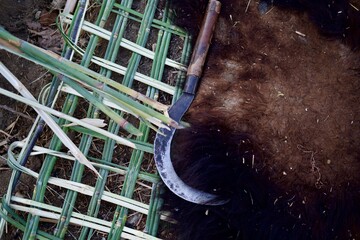 Old traditional tools on the animal skin background