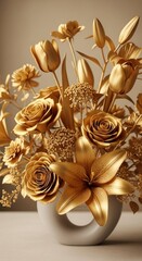 A striking bouquet of golden flowers in a modern, minimalist vase, showcasing intricate details and a luxurious aesthetic.