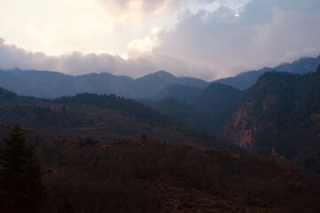 Dramatic beautiful light on the mountain valley in Himalayan with scenic view