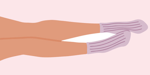 Flat vector illustration of legs lying on the floor. The right one is slightly bent and dilacately touching the other. The lilac socks with elastic band are on the feets.