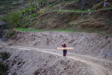Walking in the mountains with mountain layers background