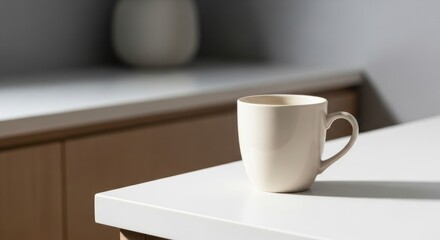 Fototapeta premium A cream-colored mug sits on a bright white countertop in a modern kitchen setting, showcasing a simple and elegant design.