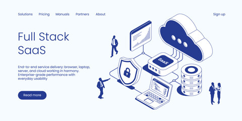 Full Stack SaaS, End-to-End Service Delivery with Browser, Laptop, Server and Cloud Working in Harmony for Enterprise Performance. Technology Isometric 3d Line Vector Illustration. © shendart