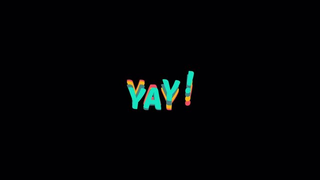 Colorful YAY! animated text with a waving and undulating motion. This fun lettering clip is rendered in ProRes 4444 with an alpha channel for easy overlay on any transparent background project.