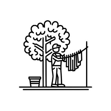 recommend clip art: Laundry day outdoors vector line art illustration of man hanging clothes to dry in nature scene design art 100