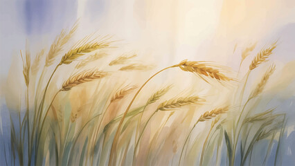 Rustic watercolor wheat field invitation background, Elegant golden wheat botanical watercolor illustration, Hand-painted shabby chic nature harvest design