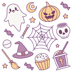 Cute Halloween Doodle Vector Illustration with Ghost, Pumpkin, Candy and Witch Elements