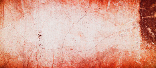 Weathered red and white painted wall with cracks, great for backgrounds in presentations, posters, or social media graphics requiring a rustic aesthetic.