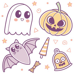 Kawaii Halloween Vector Illustration with Ghost, Pumpkin, Bat, Candy and Skull Bell