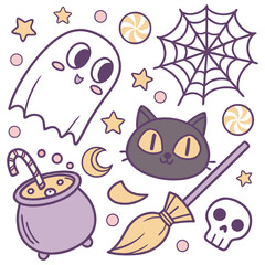 Kawaii Halloween Vector with Ghost, Black Cat, Cauldron, Broomstick, Skull and Spider Web