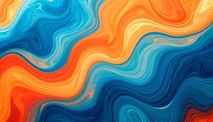 Obraz premium A vibrant abstract design featuring flowing, wavy lines of orange, red, and blue hues, creating a dynamic and energetic visual effect.