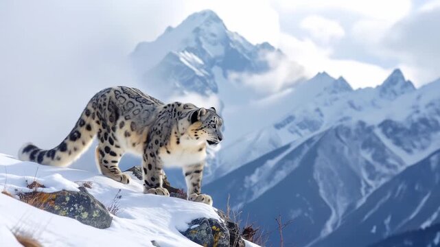 Snow leopard on mountain peak