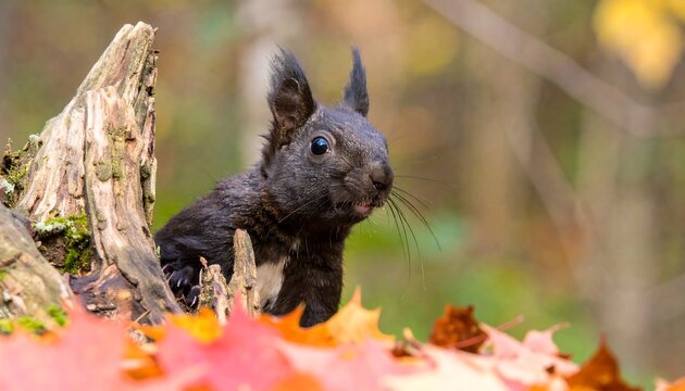 Cute black squirrel peeking out from a tree stump surrounded by fall leaves - Powered by Adobe