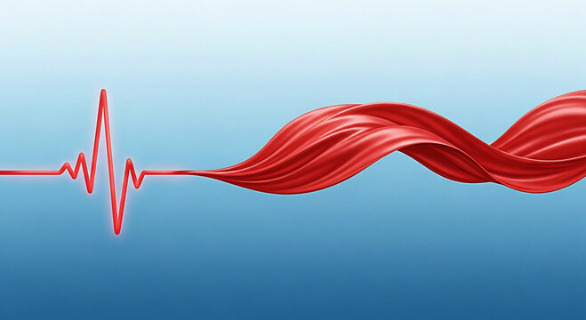 Red heart rate monitor with ribbon illustration for medical health and wellness concept design idea