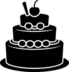 Black silhouette of a tiered cake with cherry and topper