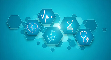 Medical healthcare technology background with dna heart beat and stethoscope icons concept design